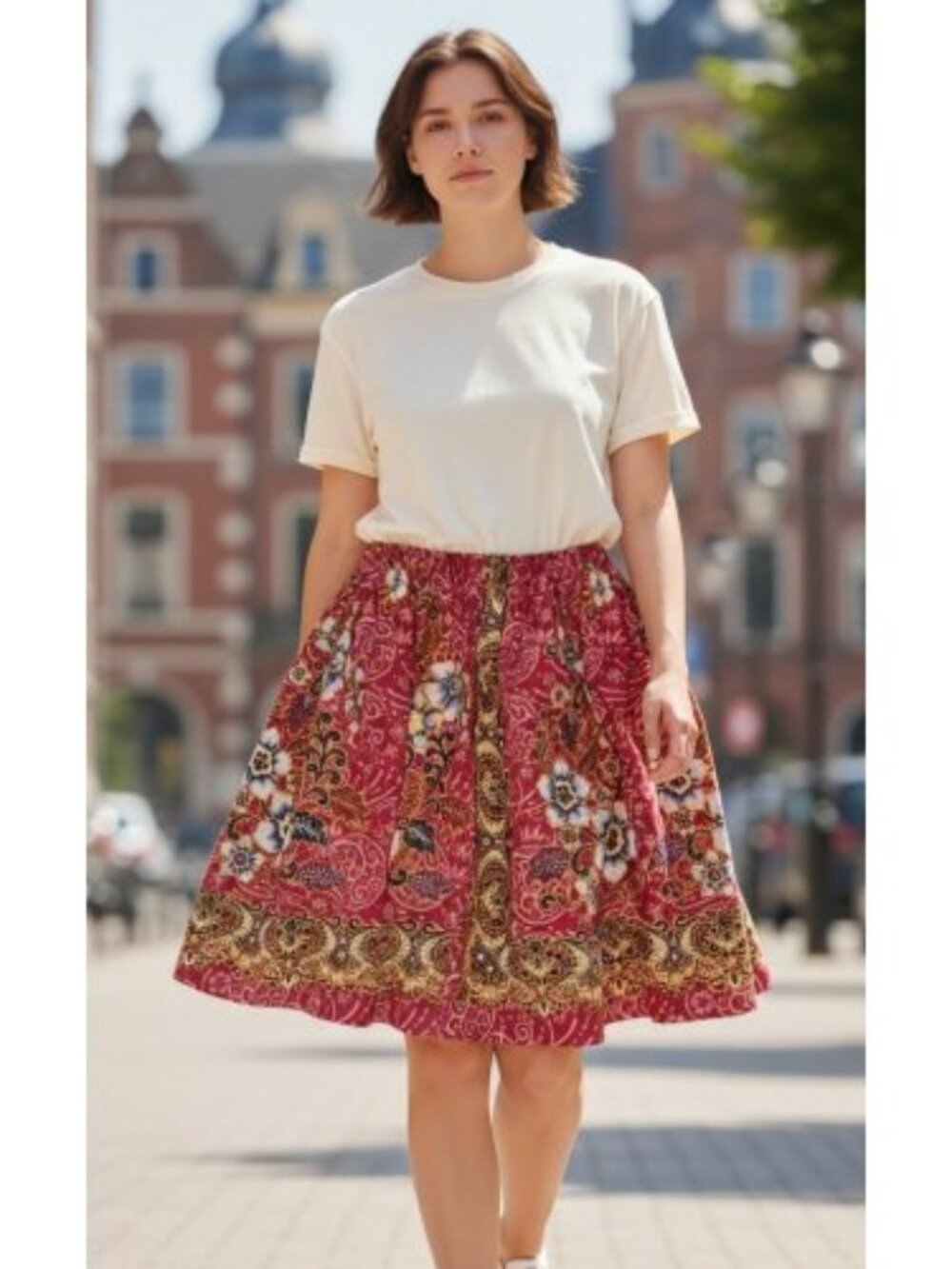 Hand Crafted Red Floral Print Boho Style Skirt Girls Size 8